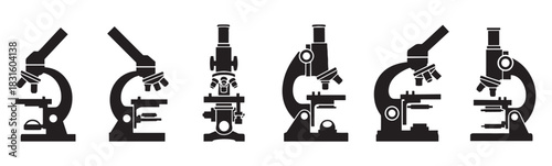Set of six black microscope silhouettes showing different models and angles for scientific and laboratory concepts, presented as a minimalist graphic icon collection