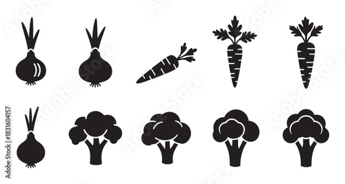 Collection of black vegetable icons featuring onions, carrots, and broccoli in a minimalist silhouette style, perfect for graphic design, web elements, and healthy eating concepts