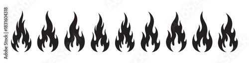 Set of black fire flame silhouette icons with various stylized shapes, a collection of simple graphic elements representing heat, danger, power, and energy for design