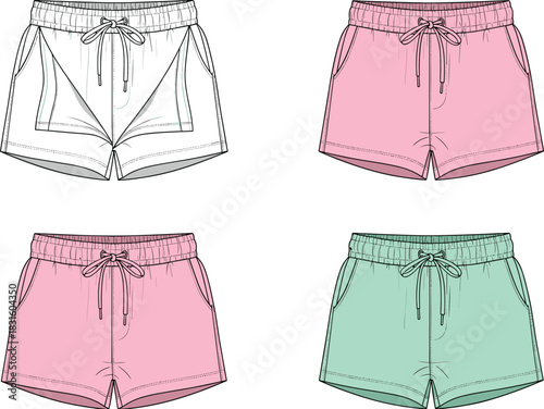Women's casual shorts front view technical fashion flat sketch with drawstring waistband and pockets, colorful design, cad drawing flat vector illustration