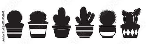 Set of six black cactus silhouettes in decorative pots, showcasing various succulent shapes and graphic designs in a minimalist, monochrome vector illustration style