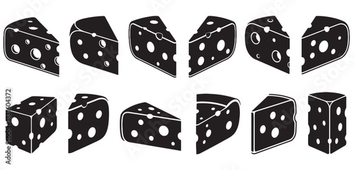 Collection of twelve black cheese icons in various shapes like wedges, slices, and blocks, featuring characteristic holes in a simple, graphic, and monochrome vector illustration