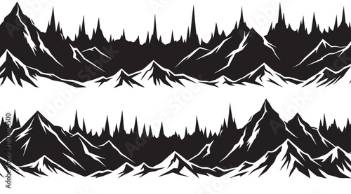 Two black and white mountain range silhouettes presented as horizontal banners in a graphic vector illustration style with sharp, jagged peaks and snowy ridges