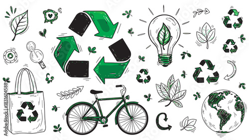 Hand-drawn ecology and recycling themed icon set featuring a green bicycle, planet Earth, and lightbulb in a charming sketch style representing conservation and a sustainable lifestyle