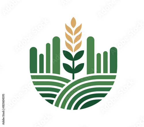 A stylized graphic illustration depicts a healthy wheat stalk growing amidst rolling green fields and modern architectural silhouettes.
