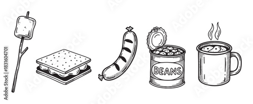 Camping food illustrations set with a marshmallow, s'more, sausage, beans, and hot drink in a hand-drawn sketch style for outdoor adventure and hiking themes