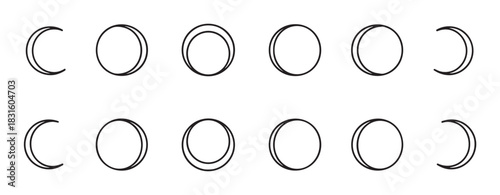 Minimalist moon phase icon set showing the lunar cycle from waxing to waning crescent in a clean, modern black and white line art vector illustration