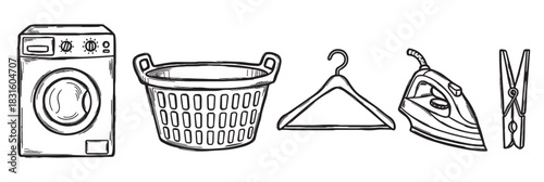 Black and white laundry icon set with a washing machine, laundry basket, hanger, iron, and clothespin, presented as a simple hand-drawn sketch illustration