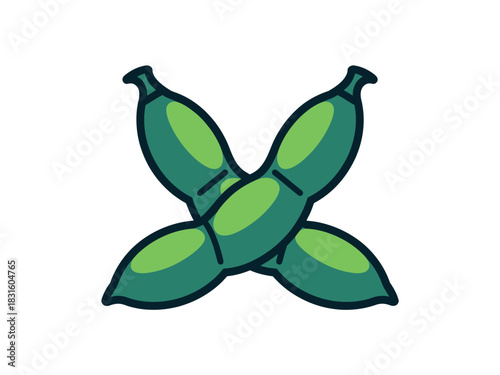 Two green pea pods are crossed and isolated on a white background, symbolizing food.