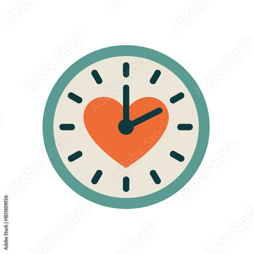 A clock face with a heart symbol inside, representing time and love.