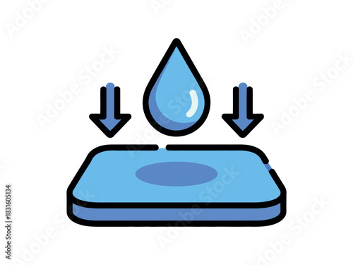 A stylized illustration depicts a water droplet falling onto a surface with downward arrows indicating impact.
