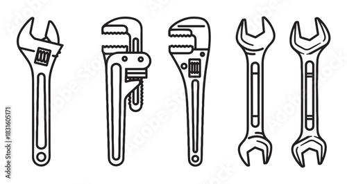 Set of various wrench tools illustrated in a simple black and white line art style, including adjustable, pipe, and spanner designs for repair and plumbing concepts