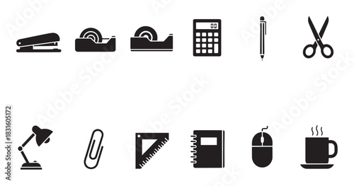 Black silhouette icons of office equipment and stationery supplies featuring a stapler, calculator, scissors, desk lamp, notebook, and computer mouse in a minimalist flat design