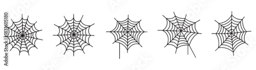 Set of five black spiderweb icons in a simple line art style for Halloween decoration, showing different variations of a spooky cobweb design for graphic elements or patterns
