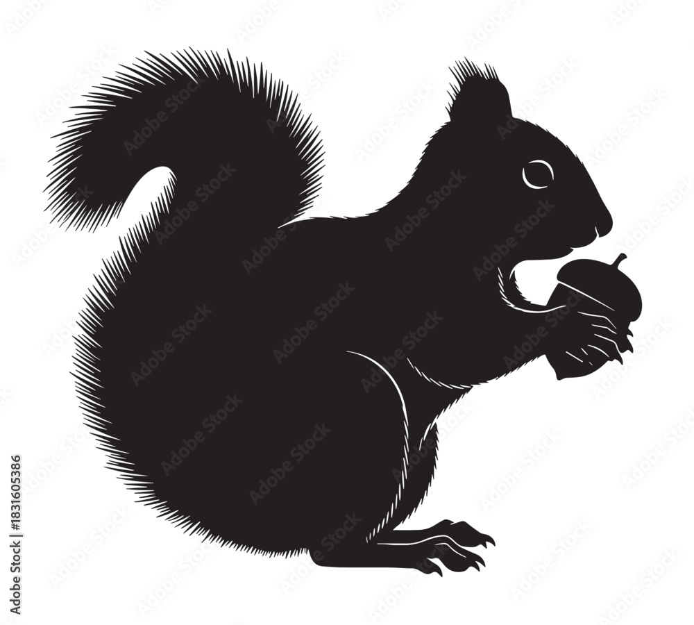 Obraz premium Black squirrel silhouette illustration holding an acorn in its paws with detailed fur and a bushy tail, depicted in a simple graphic style from a side view perspective