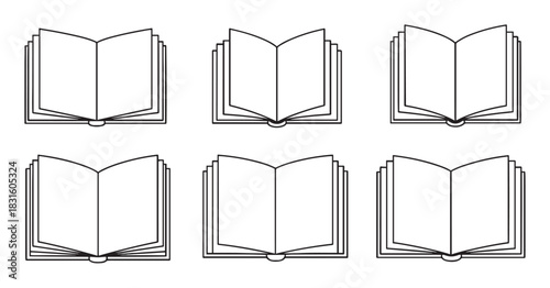 Set of six open book line art icons with blank pages, a minimalist collection of symbols representing knowledge, literature, education, and study