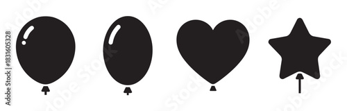 Four black party balloon icons in various shapes including a heart and star, presented as a simple minimalist graphic illustration set for festive celebration design