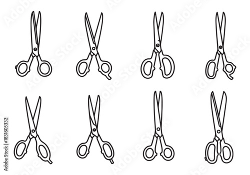 Set of eight professional hairdressing scissors with various handle designs are shown as a collection of black line art icons for a barbershop or salon concept