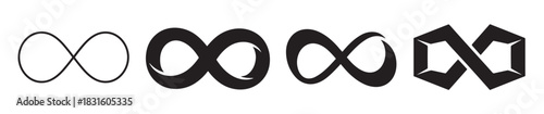 Set of four black infinity symbols showing a design progression from a simple thin outline to bold curved and complex geometric shapes, representing endlessness and eternity