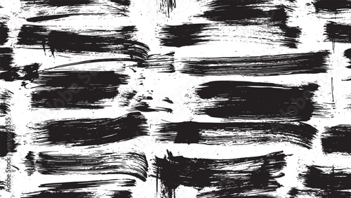 Black grunge brush strokes seamless pattern with a distressed, rough texture and chaotic ink splatters, creating an abstract and artistic monochrome graphic design element