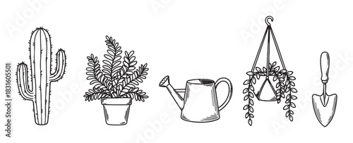 Hand-drawn set of gardening icons featuring a cactus, potted plant, watering can, hanging planter, and trowel in a simple black and white doodle style illustration