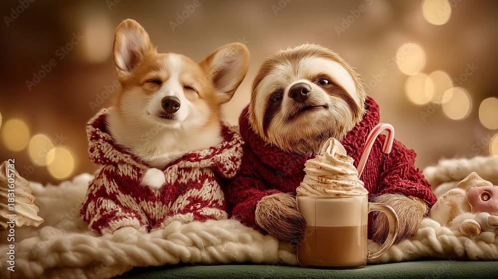 Fototapeta premium Holiday animal duo in knitted sweaters representing winter comfort and festive pet-themed marketing. Strong relevance for Christmas campaigns, cozy product promotions and seasonal branding