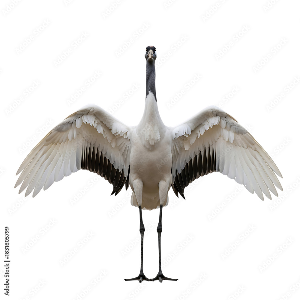 Naklejka premium Red-crowned Crane, with wings spread wide showcasing detailed feathers and long legs, cutout, PNG isolated on white or transparent background
