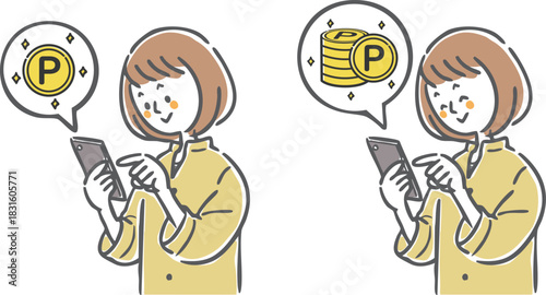 スマホでポイ活をする女性　ベクター
