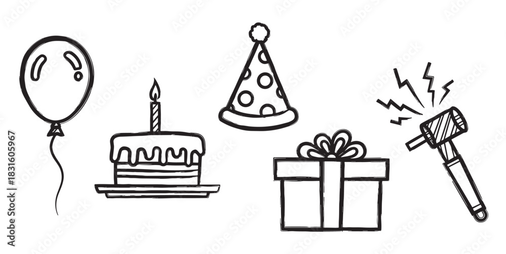 Naklejka premium Hand drawn birthday party icons set featuring a cake with candle, balloon, gift box, polka dot hat, and noisemaker in a simple black and white doodle sketch illustration style