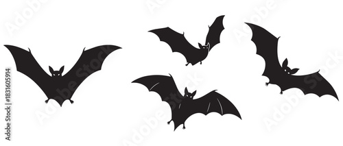 Four black bat silhouettes in flight, a collection of spooky Halloween vector icons with glowing eyes and spread wings, representing horror, fear, and nocturnal creatures