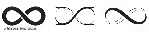 Three black infinity symbol vector icons set showcasing different design variations from classic bold to modern elegant and calligraphic styles for logos or graphic elements