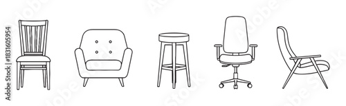 Collection of five different chairs including an armchair, stool, and office chair, shown as a simple black and white line art illustration set for interior design concepts
