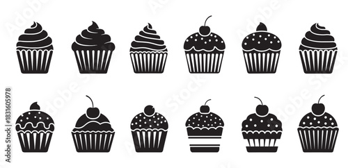 Collection of twelve black cupcake icons with various frosting swirls, sprinkles, and cherry toppings, presented in a clean, minimalist graphic vector style for design elements