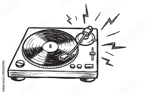 Hand-drawn black and white turntable illustration with a vinyl record playing music in a retro, sketchy, grunge style with energetic sound lines