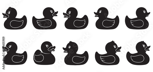 Ten black rubber duck silhouettes with white outlines are arranged in two rows, showing various cute expressions and interactions in a minimalist graphic style