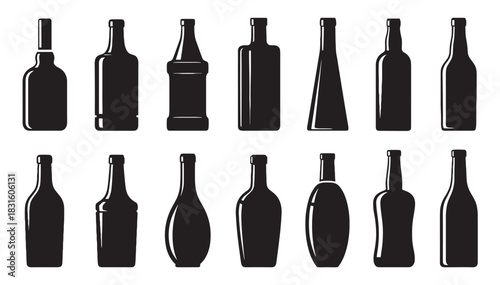 Collection of black bottle silhouettes in various shapes and sizes for different alcoholic beverages, presented as a clean graphic vector icon set for design elements