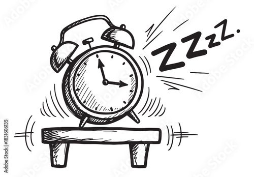 Hand-drawn black and white alarm clock ringing loudly on a nightstand in the morning, with a Zzzz symbol indicating someone is still sleeping through the wake-up call