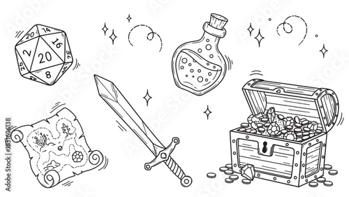 Hand-drawn fantasy role-playing game elements with a treasure chest, d20 die, magic potion, ancient map, and a sword in a simple black line art illustration style