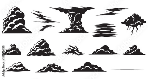 Collection of black silhouette cloud illustrations featuring various shapes like smoke plumes, explosions, storm clouds, and graphic weather effects in a stylized comic book design