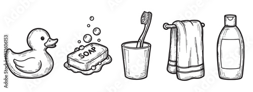 Set of hand-drawn bathroom hygiene items including a rubber duck, soap, toothbrush, towel, and shampoo bottle in a simple black and white doodle sketch illustration style