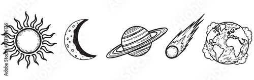 Set of hand-drawn celestial objects including a sun, moon, planet, comet, and Earth in a black and white sketch style illustration for astronomy and astrology concepts