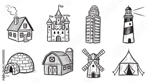 Collection of hand-drawn building icons featuring a house, castle, skyscraper, lighthouse, igloo, barn, windmill, and tent in a black and white sketch doodle style
