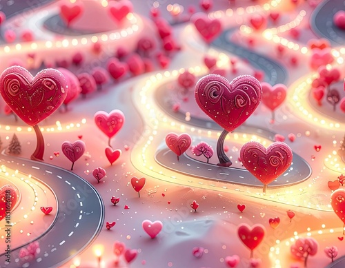 Wallpaper Mural Whimsical landscape filled with glowing, lollipop-like heart trees lining winding, illuminated roads. Torontodigital.ca