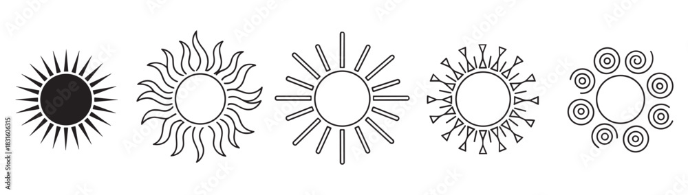 Obraz premium Set of five black sun icons in various graphic styles, including a solid silhouette, line art, and abstract designs with wavy, geometric, and spiral rays for creative projects