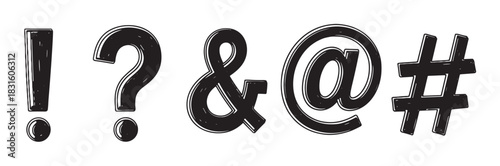 Hand drawn black and white punctuation symbols including an exclamation mark, question mark, ampersand, at sign, and hashtag in a sketchy, bold doodle style with a rough texture