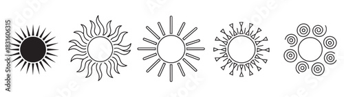 Set of five black sun icons in various graphic styles, including a solid silhouette, line art, and abstract designs with wavy, geometric, and spiral rays for creative projects