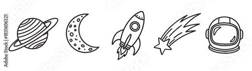 Set of hand-drawn space icons including a planet with rings, a crescent moon, a rocket ship, a shooting star, and an astronaut helmet in a simple black line art doodle style