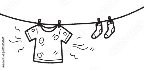 Hand-drawn black and white illustration of a t-shirt and socks hanging on a clothesline to dry, depicted in a simple, charming, and minimalist doodle style