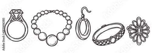Hand-drawn jewelry set with a diamond ring, beaded necklace, hoop earring, bangle, and flower brooch, presented as a black line art collection of luxury fashion accessories