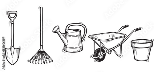 Set of hand-drawn gardening tools including a shovel, rake, watering can, wheelbarrow, and pot in a rustic black and white sketch style for farming or planting concepts